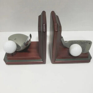 Pair of Bookends Lodge Golf Driver and Four Iron  Club Silver/Brown.